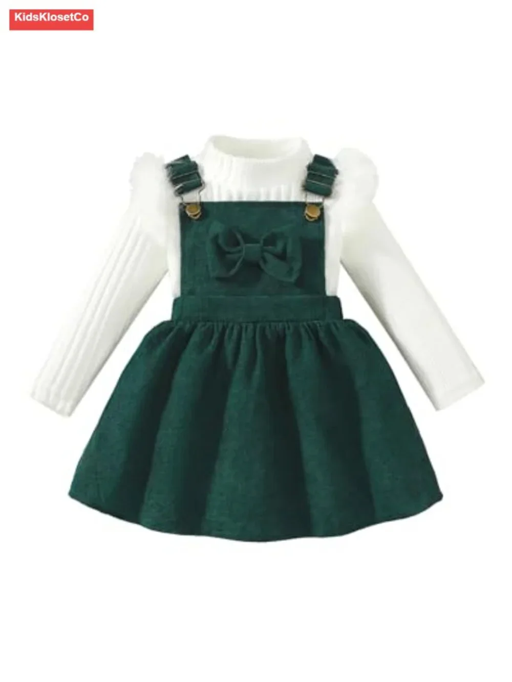 Toddler Girl Long Sleeve Ribbed T-Shirt Bow Suspender Overall Dress Skirt Set